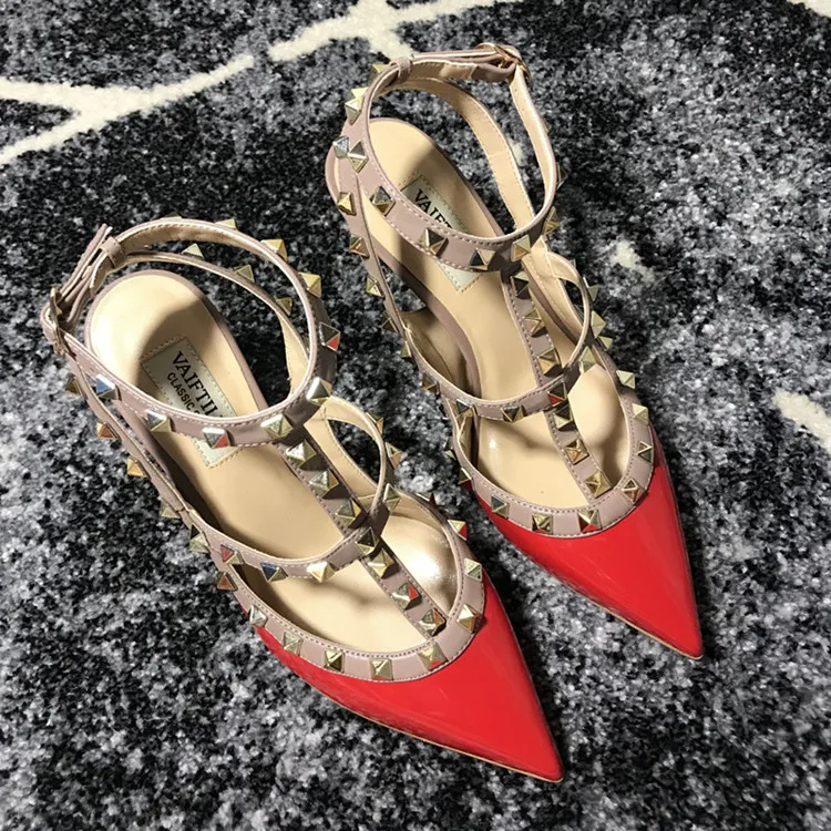 VAIFTILNO Zapatos de tacón alto con punta y remaches para mujer, sandalias de verano con tacón fino y correa envolvente con r...