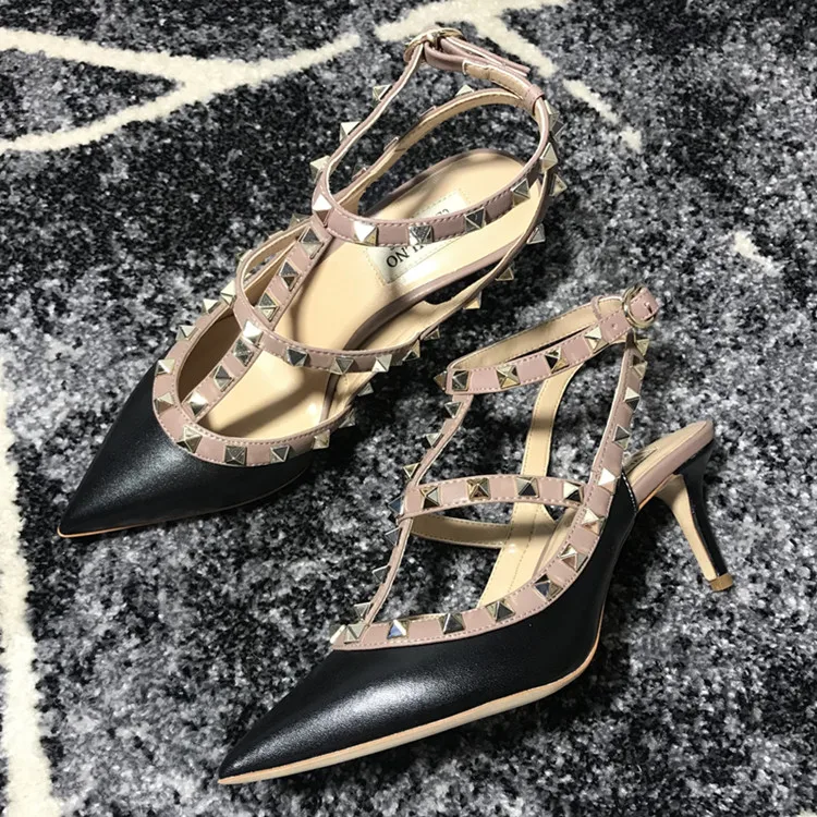 VAIFTILNO Zapatos de tacón alto con punta y remaches para mujer, sandalias de verano con tacón fino y correa envolvente con r...
