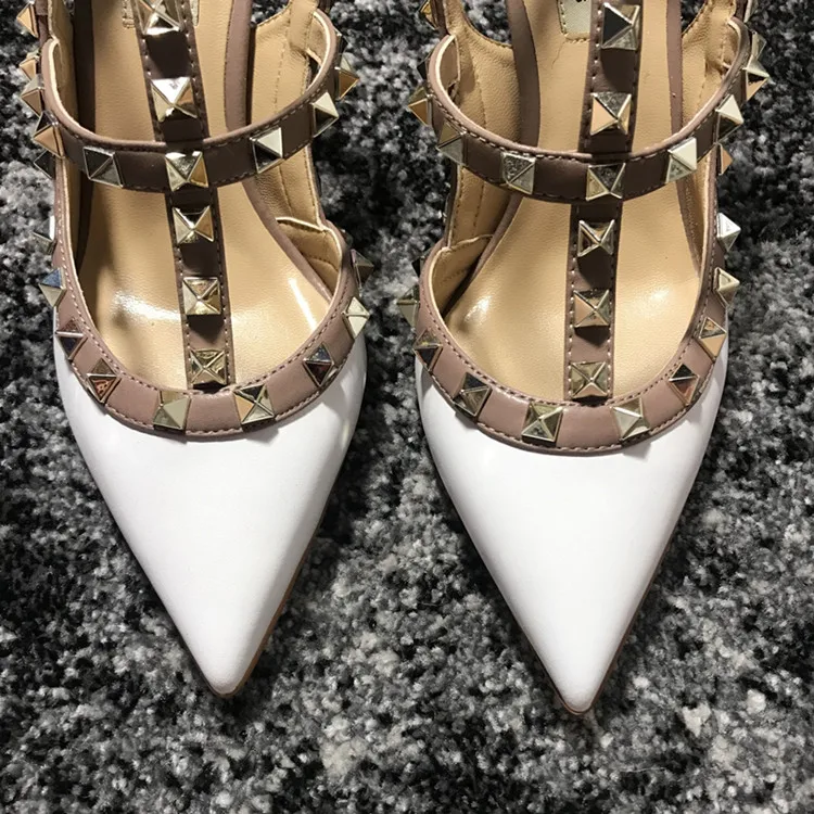 VAIFTILNO Zapatos de tacón alto con punta y remaches para mujer, sandalias de verano con tacón fino y correa envolvente con r...