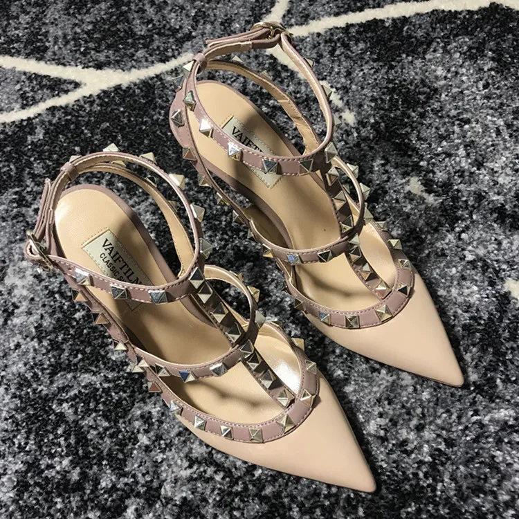 VAIFTILNO Zapatos de tacón alto con punta y remaches para mujer, sandalias de verano con tacón fino y correa envolvente con r...