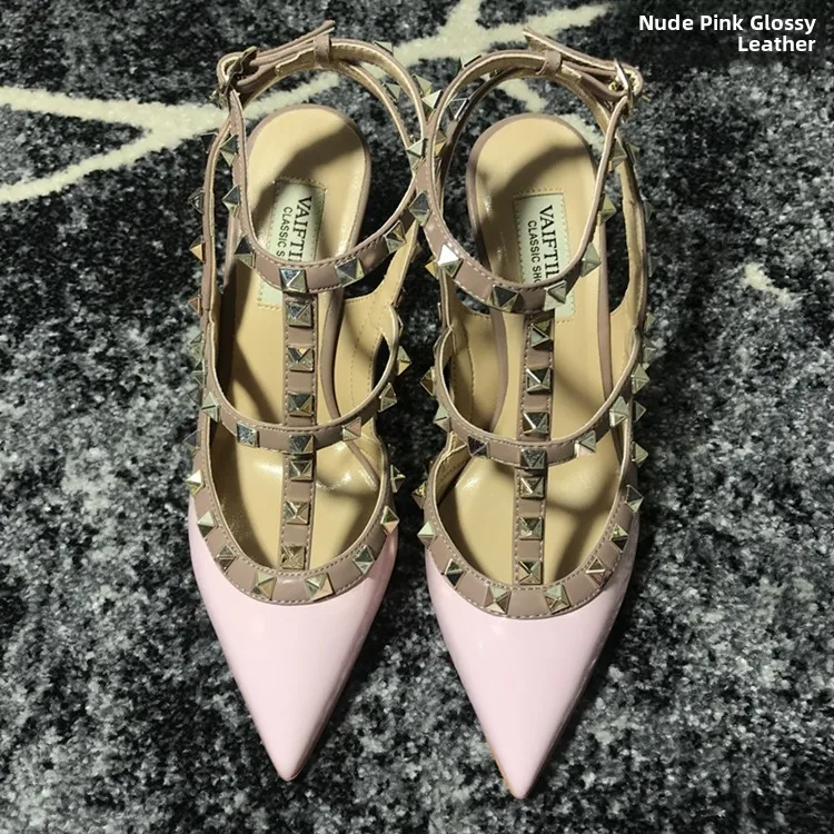 VAIFTILNO Zapatos de tacón alto con punta y remaches para mujer, sandalias de verano con tacón fino y correa envolvente con r...