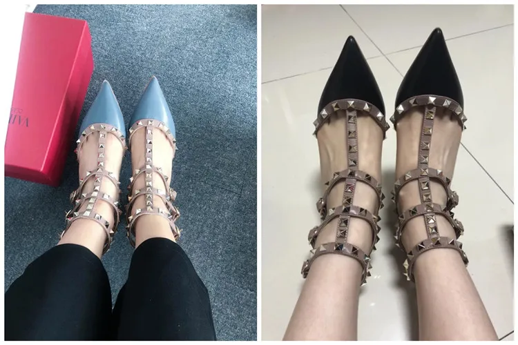 VAIFTILNO Zapatos de tacón alto con punta y remaches para mujer, sandalias de verano con tacón fino y correa envolvente con r...