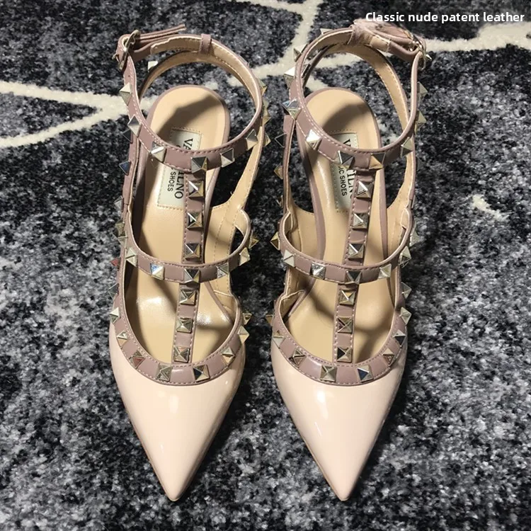 VAIFTILNO Zapatos de tacón alto con punta y remaches para mujer, sandalias de verano con tacón fino y correa envolvente con r...