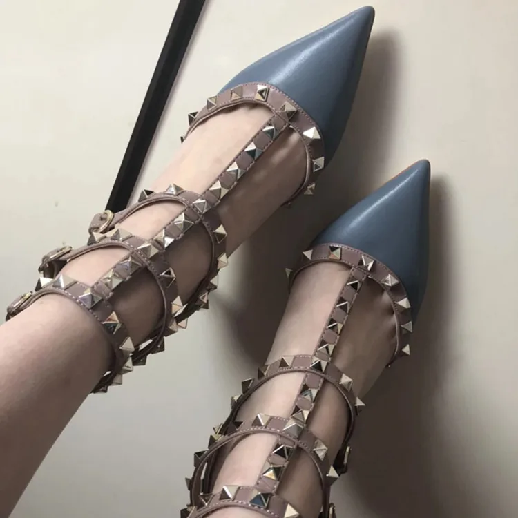 VAIFTILNO Zapatos de tacón alto con punta y remaches para mujer, sandalias de verano con tacón fino y correa envolvente con r...