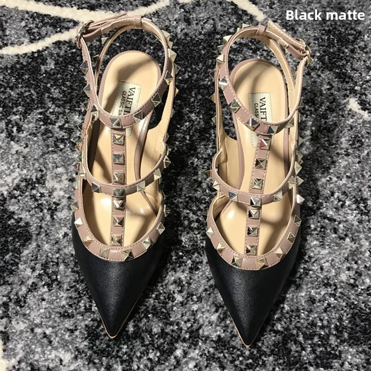 VAIFTILNO Zapatos de tacón alto con punta y remaches para mujer, sandalias de verano con tacón fino y correa envolvente con r...