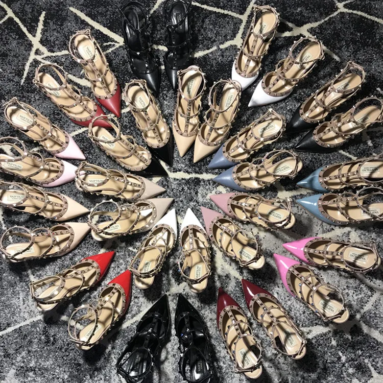 VAIFTILNO Zapatos de tacón alto con punta y remaches para mujer, sandalias de verano con tacón fino y correa envolvente con r...