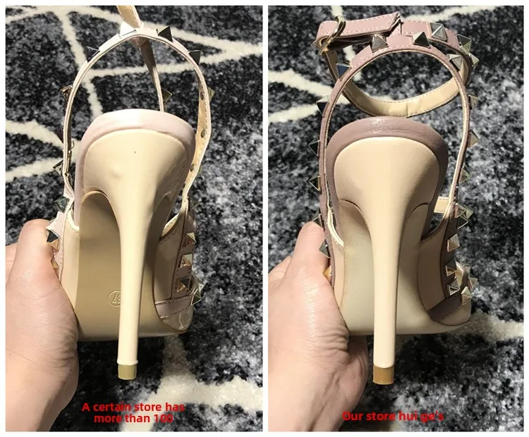 VAIFTILNO Zapatos de tacón alto con punta y remaches para mujer, sandalias de verano con tacón fino y correa envolvente con r...