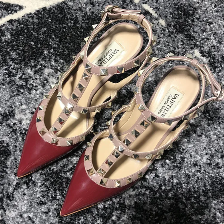 VAIFTILNO Zapatos de tacón alto con punta y remaches para mujer, sandalias de verano con tacón fino y correa envolvente con r...