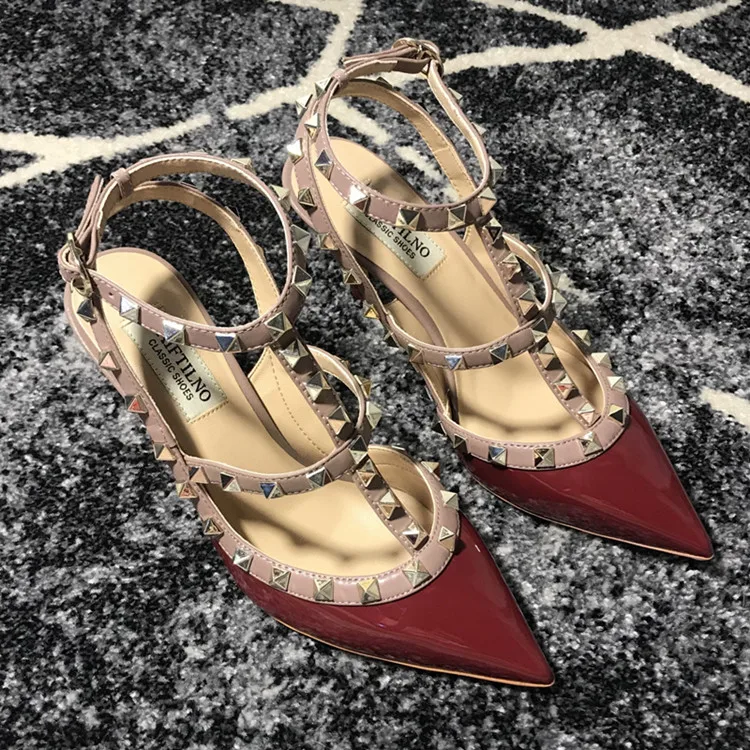 VAIFTILNO Zapatos de tacón alto con punta y remaches para mujer, sandalias de verano con tacón fino y correa envolvente con r...