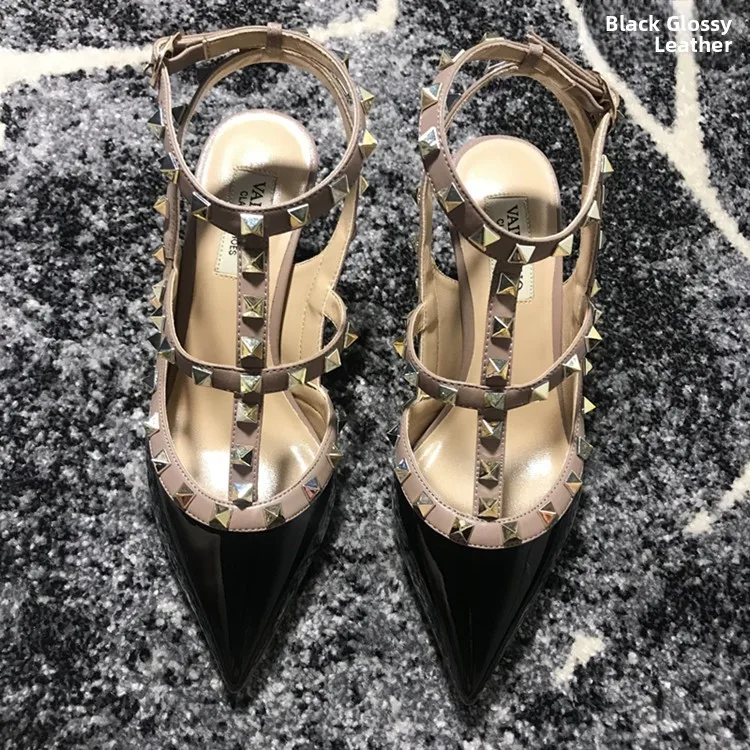 VAIFTILNO Zapatos de tacón alto con punta y remaches para mujer, sandalias de verano con tacón fino y correa envolvente con r...