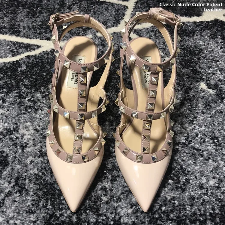 VAIFTILNO Zapatos de tacón alto con punta y remaches para mujer, sandalias de verano con tacón fino y correa envolvente con r...