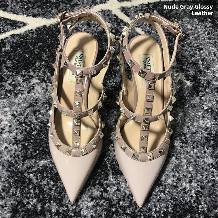 VAIFTILNO Zapatos de tacón alto con punta y remaches para mujer, sandalias de verano con tacón fino y correa envolvente con r...