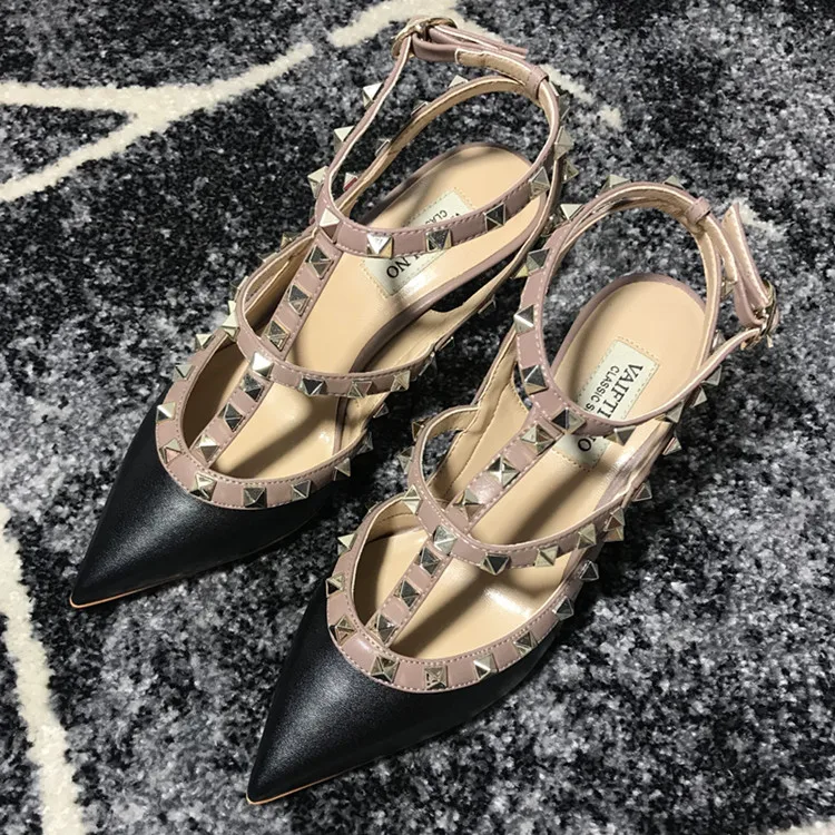 VAIFTILNO Zapatos de tacón alto con punta y remaches para mujer, sandalias de verano con tacón fino y correa envolvente con r...