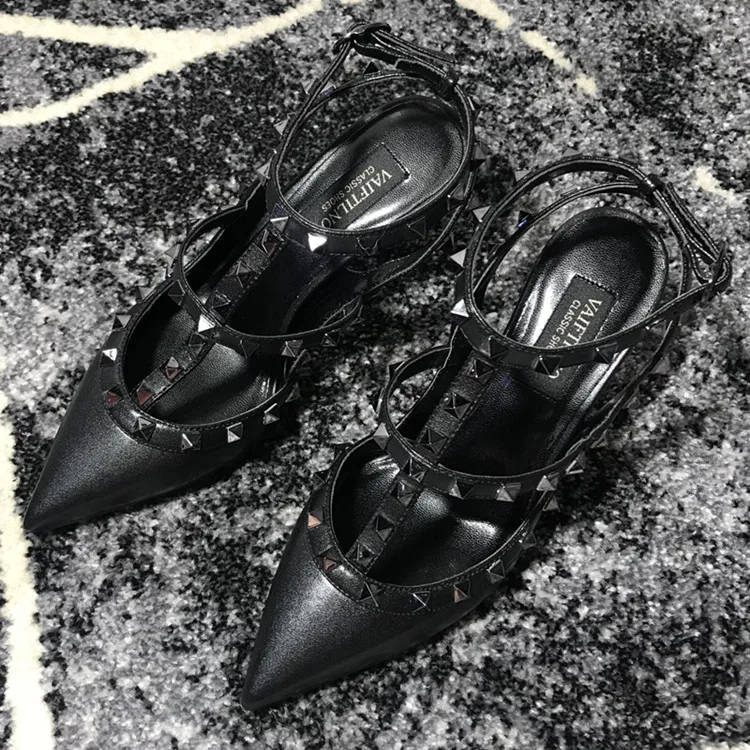 VAIFTILNO Zapatos de tacón alto con punta y remaches para mujer, sandalias de verano con tacón fino y correa envolvente con r...
