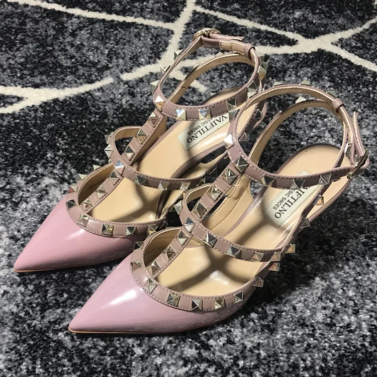 VAIFTILNO Zapatos de tacón alto con punta y remaches para mujer, sandalias de verano con tacón fino y correa envolvente con r...