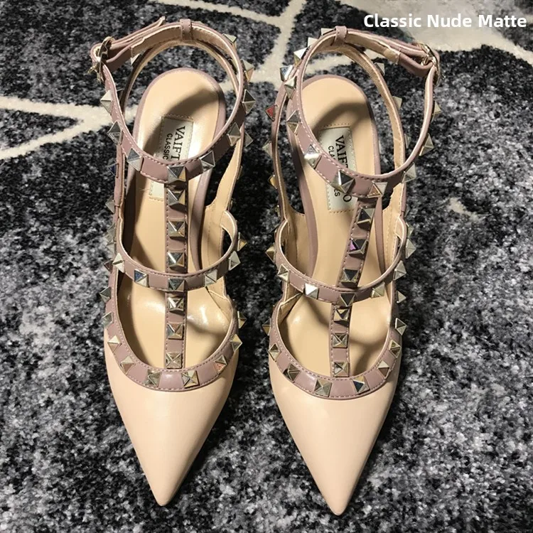 VAIFTILNO Zapatos de tacón alto con punta y remaches para mujer, sandalias de verano con tacón fino y correa envolvente con r...