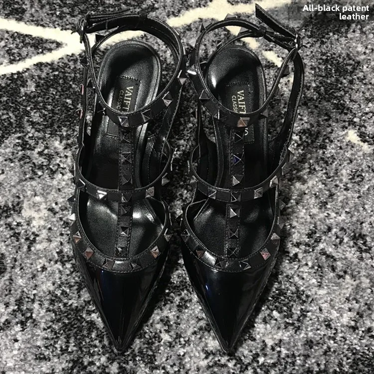 VAIFTILNO Zapatos de tacón alto con punta y remaches para mujer, sandalias de verano con tacón fino y correa envolvente con r...