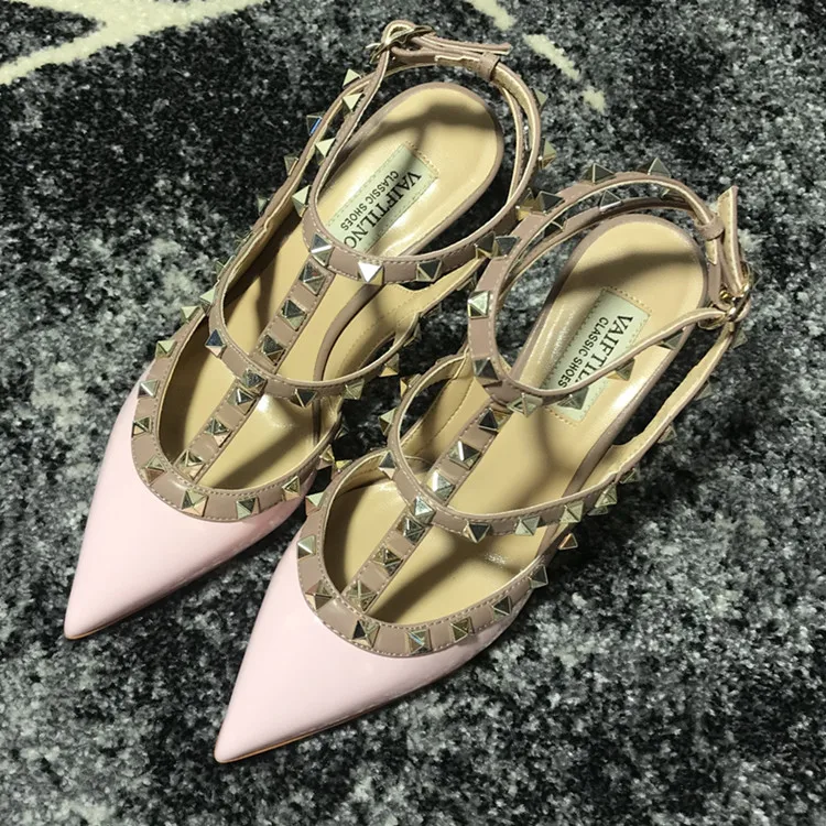 VAIFTILNO Zapatos de tacón alto con punta y remaches para mujer, sandalias de verano con tacón fino y correa envolvente con r...