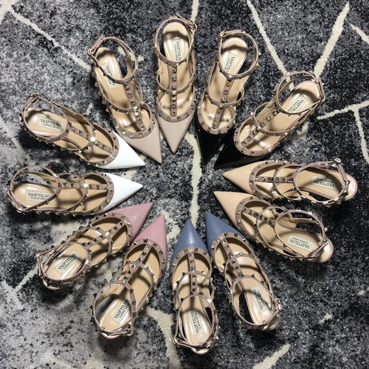 VAIFTILNO Zapatos de tacón alto con punta y remaches para mujer, sandalias de verano con tacón fino y correa envolvente con r...