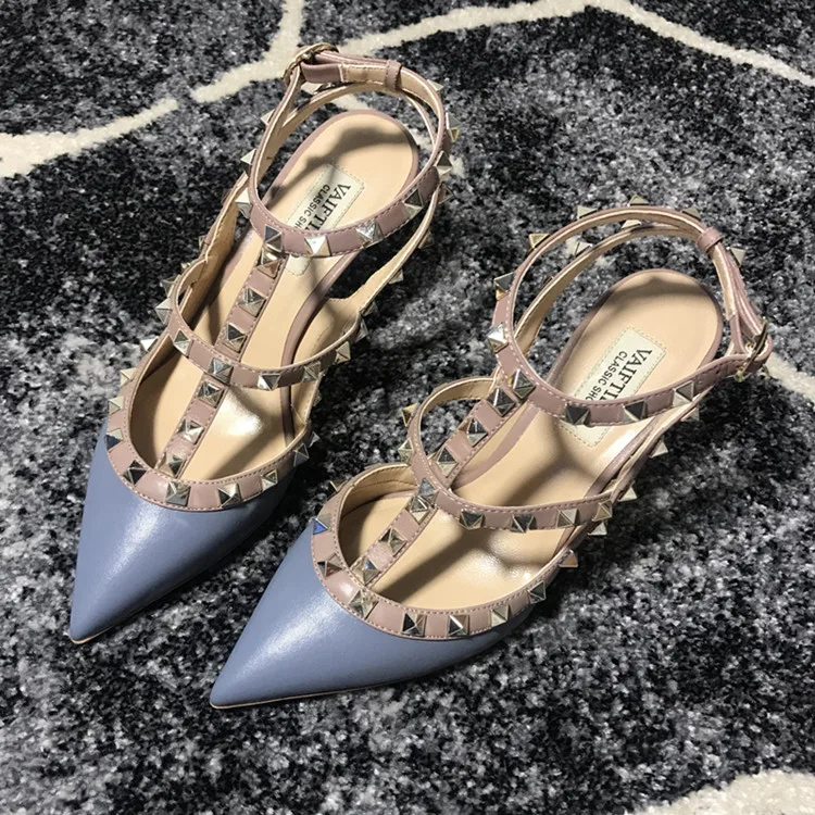 VAIFTILNO Zapatos de tacón alto con punta y remaches para mujer, sandalias de verano con tacón fino y correa envolvente con r...