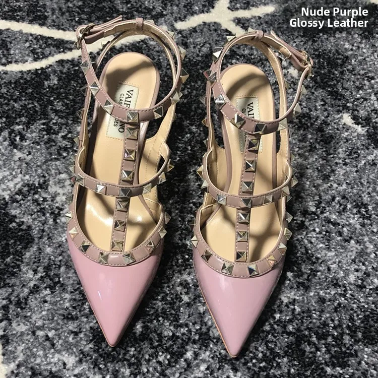 VAIFTILNO Zapatos de tacón alto con punta y remaches para mujer, sandalias de verano con tacón fino y correa envolvente con r...
