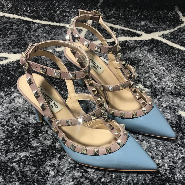 VAIFTILNO Zapatos de tacón alto con punta y remaches para mujer, sandalias de verano con tacón fino y correa envolvente con r...