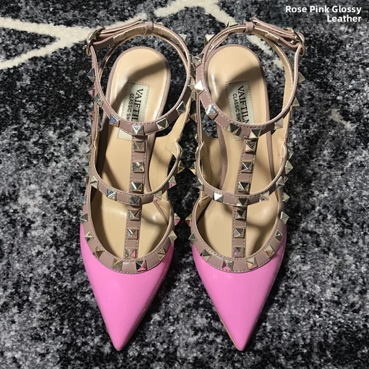VAIFTILNO Zapatos de tacón alto con punta y remaches para mujer, sandalias de verano con tacón fino y correa envolvente con r...