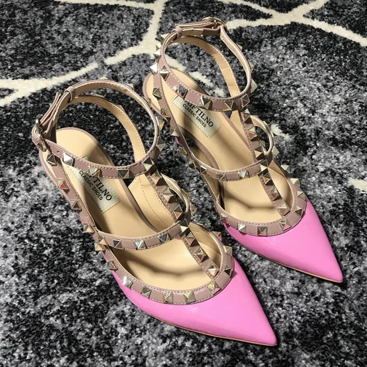 VAIFTILNO Zapatos de tacón alto con punta y remaches para mujer, sandalias de verano con tacón fino y correa envolvente con r...