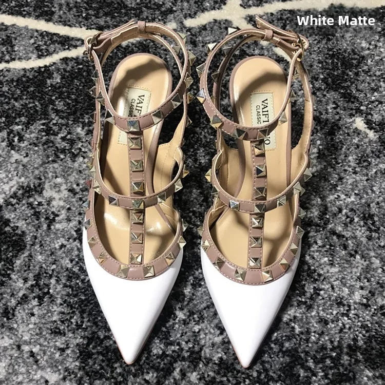 VAIFTILNO Zapatos de tacón alto con punta y remaches para mujer, sandalias de verano con tacón fino y correa envolvente con r...