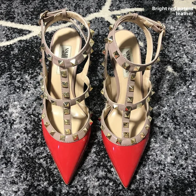 VAIFTILNO Zapatos de tacón alto con punta y remaches para mujer, sandalias de verano con tacón fino y correa envolvente con r...