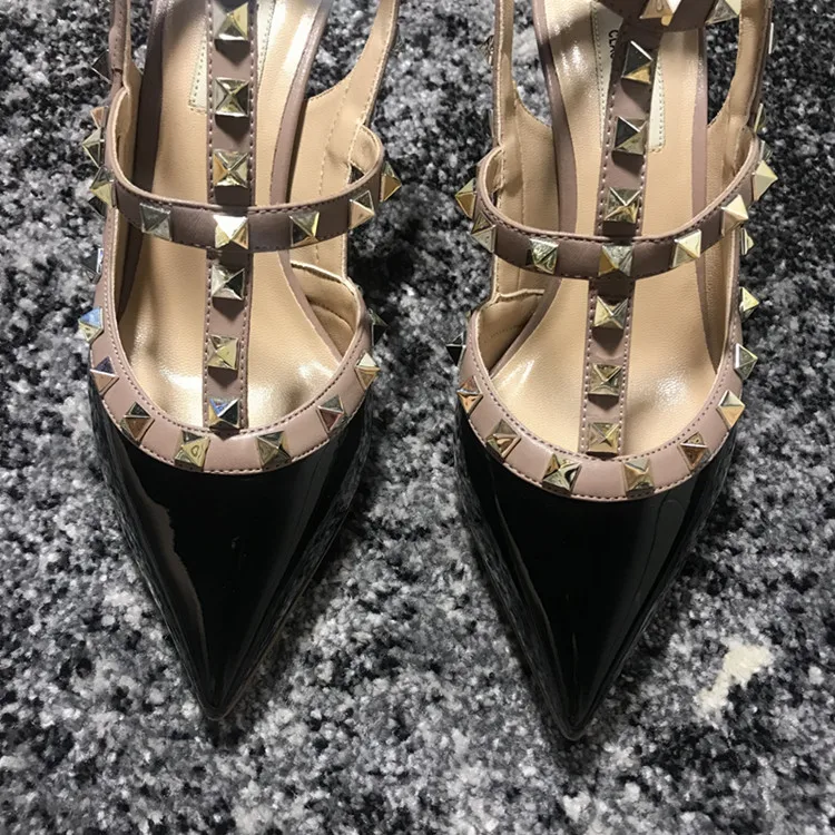 VAIFTILNO Zapatos de tacón alto con punta y remaches para mujer, sandalias de verano con tacón fino y correa envolvente con r...