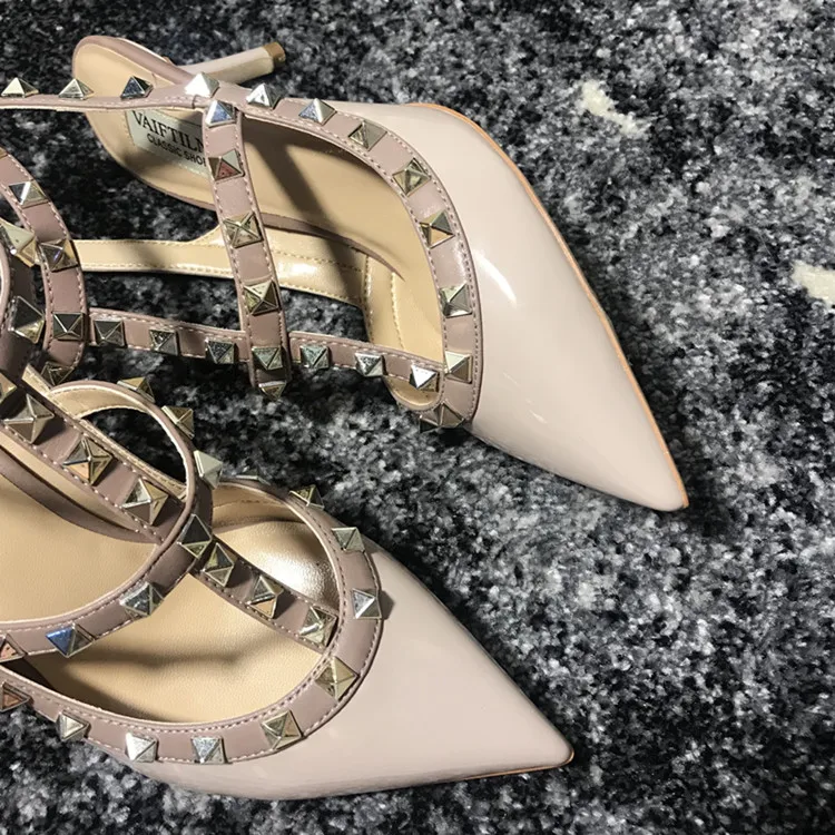 VAIFTILNO Zapatos de tacón alto con punta y remaches para mujer, sandalias de verano con tacón fino y correa envolvente con r...