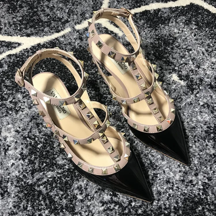 VAIFTILNO Zapatos de tacón alto con punta y remaches para mujer, sandalias de verano con tacón fino y correa envolvente con r...