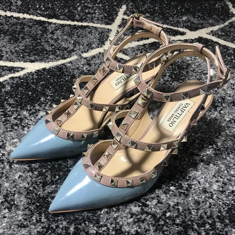VAIFTILNO Zapatos de tacón alto con punta y remaches para mujer, sandalias de verano con tacón fino y correa envolvente con r...