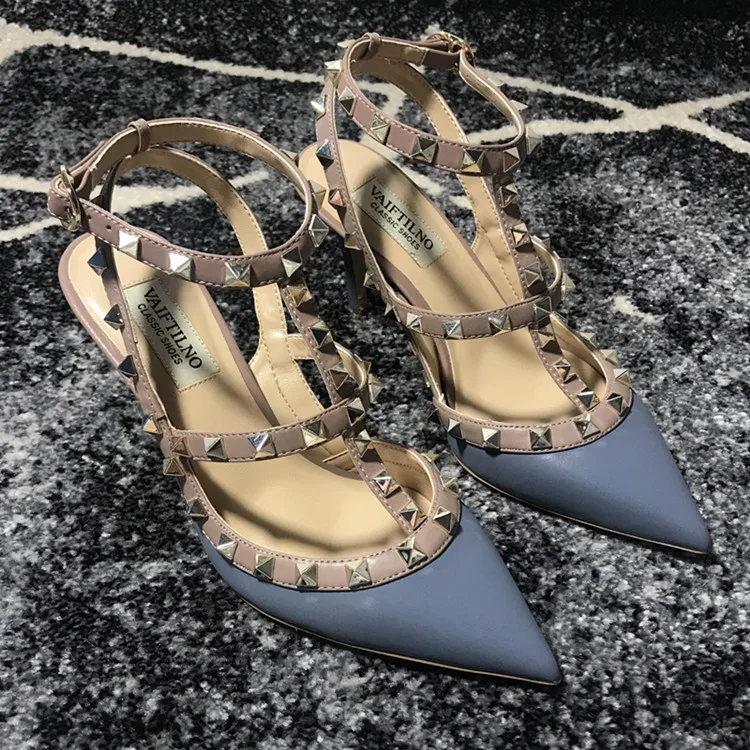VAIFTILNO Zapatos de tacón alto con punta y remaches para mujer, sandalias de verano con tacón fino y correa envolvente con r...