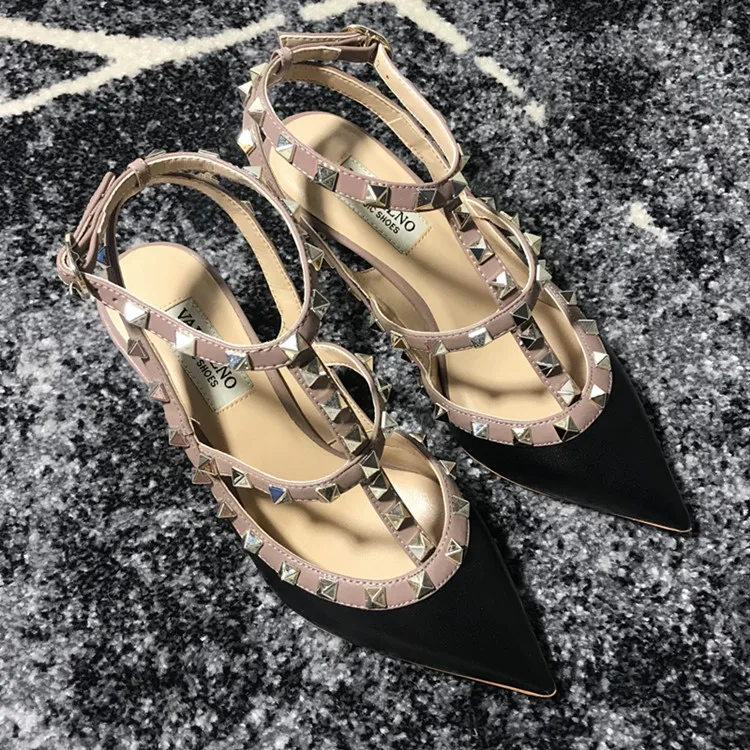 VAIFTILNO Zapatos de tacón alto con punta y remaches para mujer, sandalias de verano con tacón fino y correa envolvente con r...