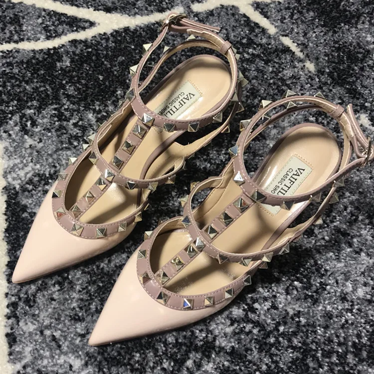 VAIFTILNO Zapatos de tacón alto con punta y remaches para mujer, sandalias de verano con tacón fino y correa envolvente con r...