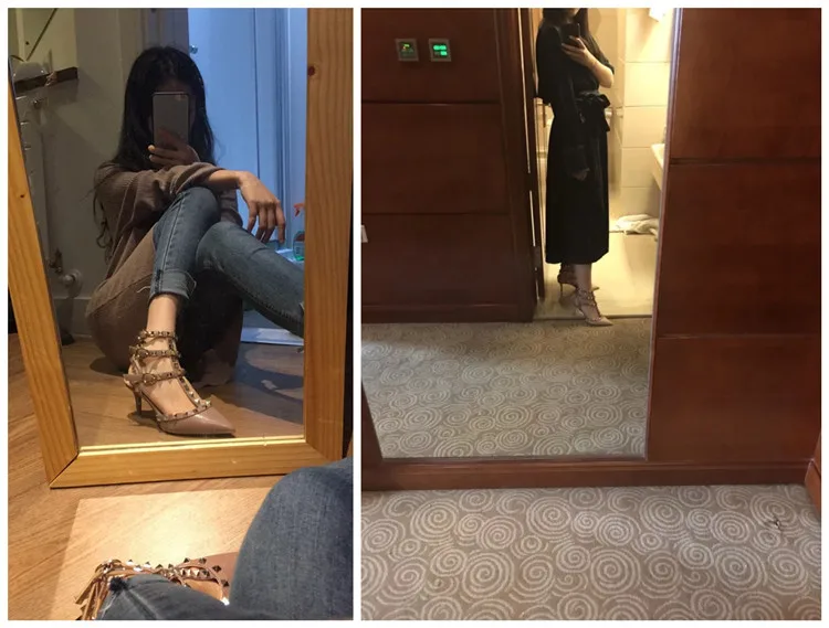 VAIFTILNO Zapatos de tacón alto con punta y remaches para mujer, sandalias de verano con tacón fino y correa envolvente con r...