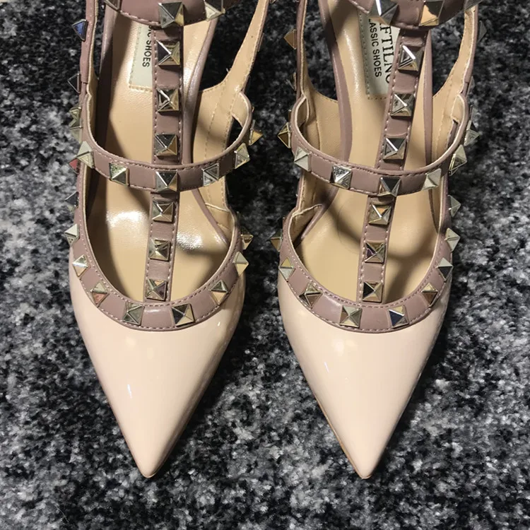 VAIFTILNO Zapatos de tacón alto con punta y remaches para mujer, sandalias de verano con tacón fino y correa envolvente con r...