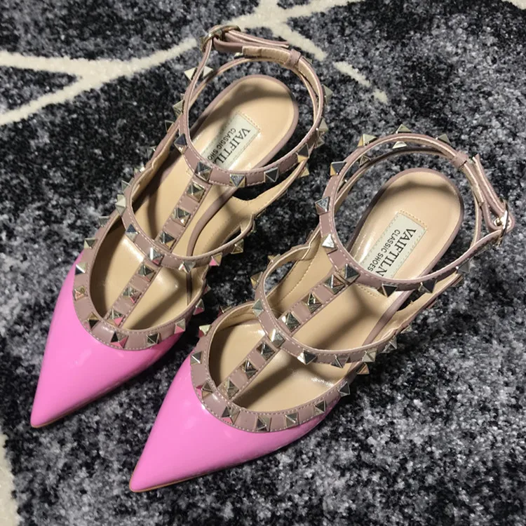 VAIFTILNO Zapatos de tacón alto con punta y remaches para mujer, sandalias de verano con tacón fino y correa envolvente con r...