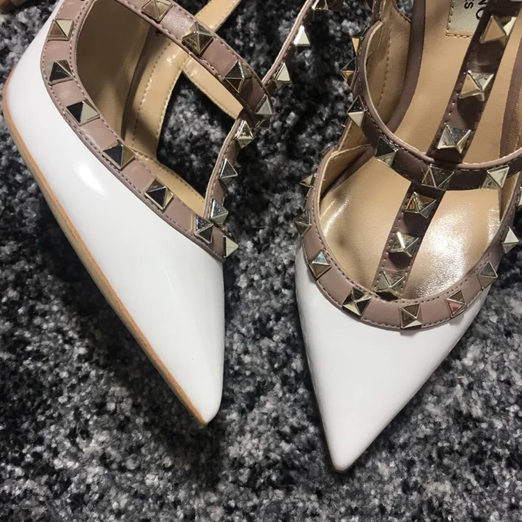 VAIFTILNO Zapatos de tacón alto con punta y remaches para mujer, sandalias de verano con tacón fino y correa envolvente con r...