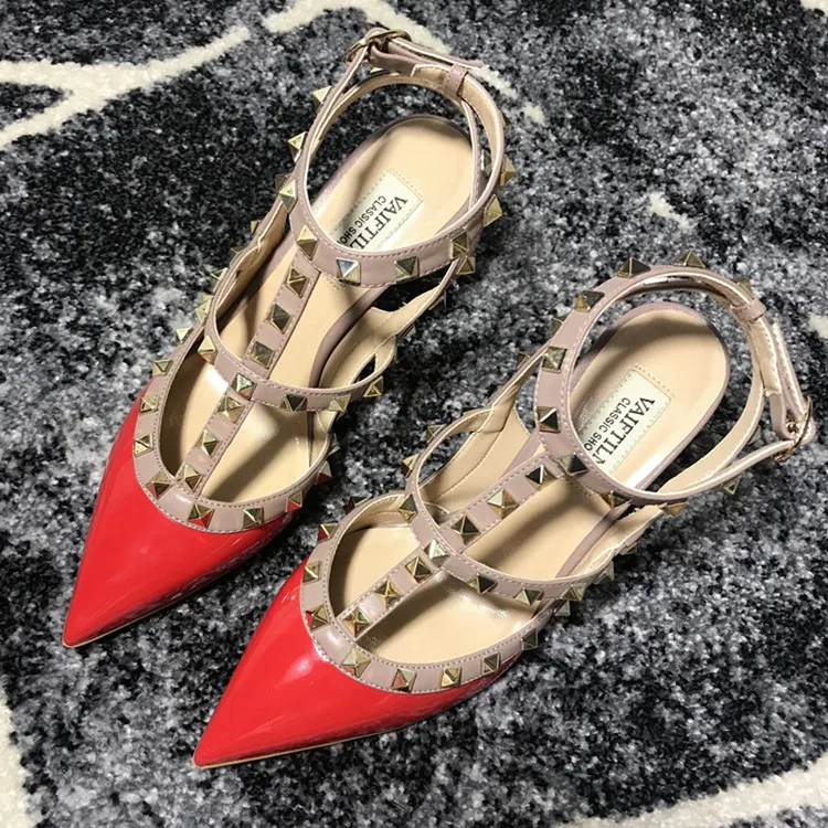 VAIFTILNO Zapatos de tacón alto con punta y remaches para mujer, sandalias de verano con tacón fino y correa envolvente con r...