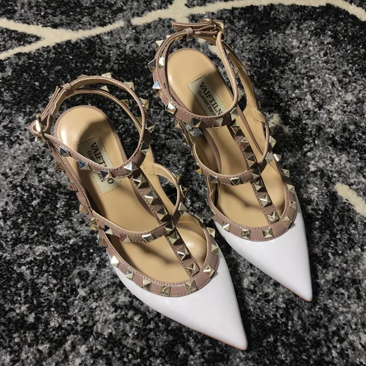 VAIFTILNO Zapatos de tacón alto con punta y remaches para mujer, sandalias de verano con tacón fino y correa envolvente con r...