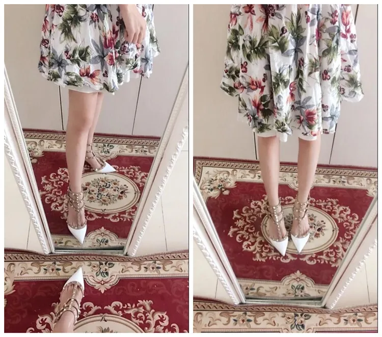 VAIFTILNO Zapatos de tacón alto con punta y remaches para mujer, sandalias de verano con tacón fino y correa envolvente con r...