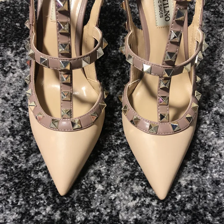 VAIFTILNO Zapatos de tacón alto con punta y remaches para mujer, sandalias de verano con tacón fino y correa envolvente con r...