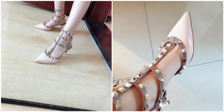 VAIFTILNO Zapatos de tacón alto con punta y remaches para mujer, sandalias de verano con tacón fino y correa envolvente con r...