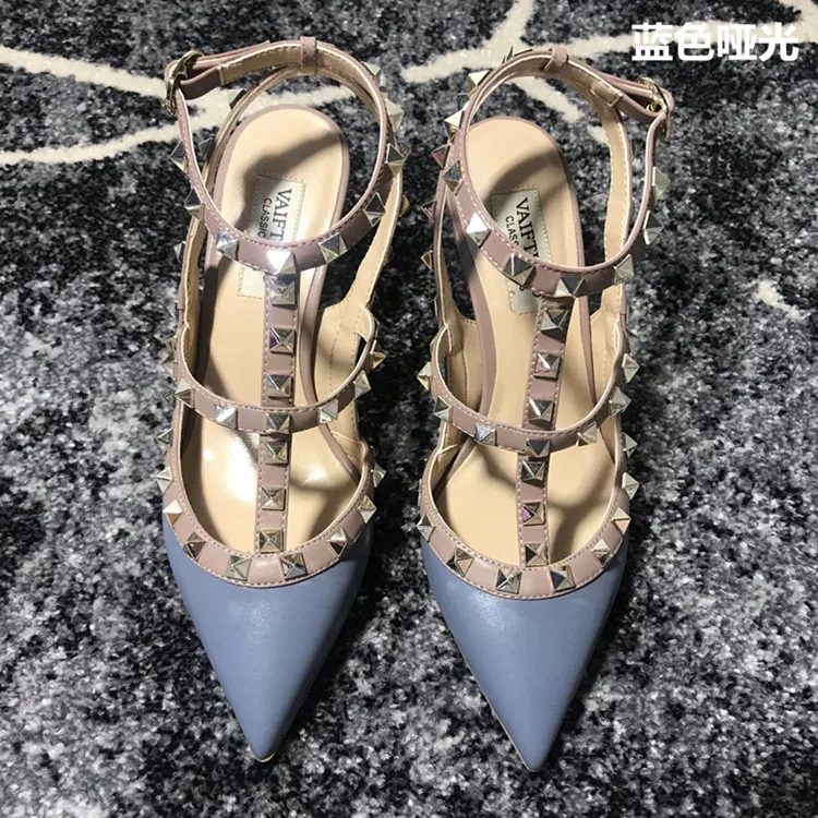 VAIFTILNO Zapatos de tacón alto con punta y remaches para mujer, sandalias de verano con tacón fino y correa envolvente con r...