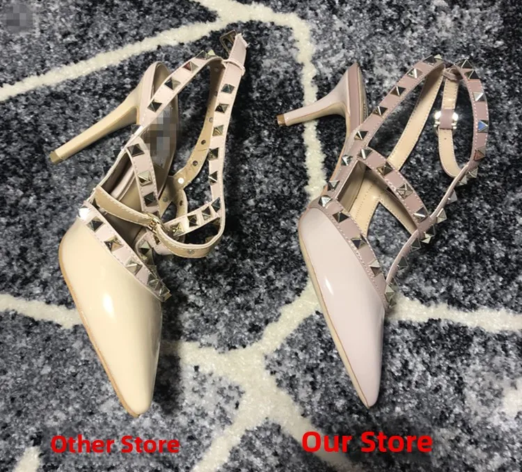 VAIFTILNO Zapatos de tacón alto con punta y remaches para mujer, sandalias de verano con tacón fino y correa envolvente con r...