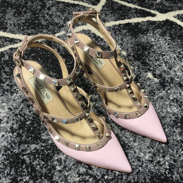 VAIFTILNO Zapatos de tacón alto con punta y remaches para mujer, sandalias de verano con tacón fino y correa envolvente con r...