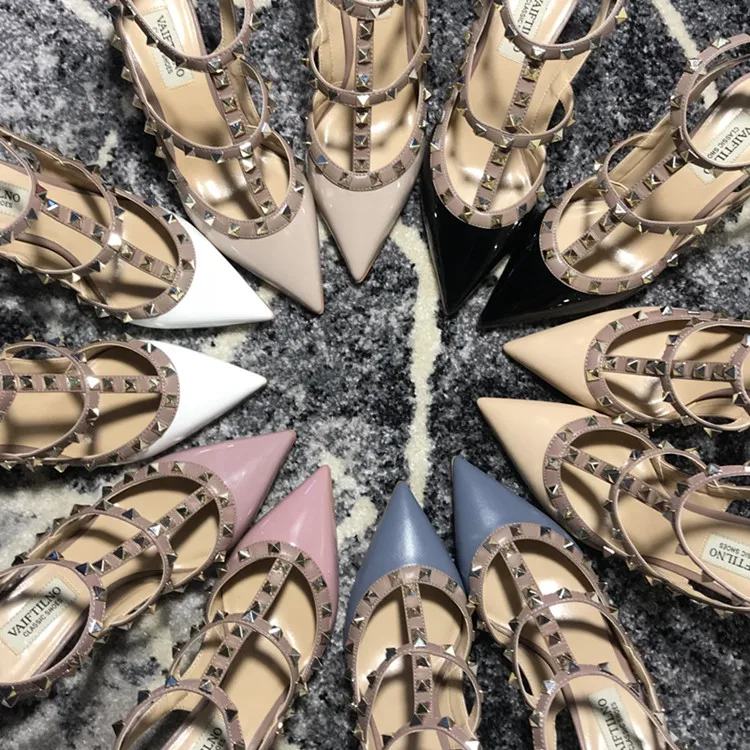 VAIFTILNO Zapatos de tacón alto con punta y remaches para mujer, sandalias de verano con tacón fino y correa envolvente con r...